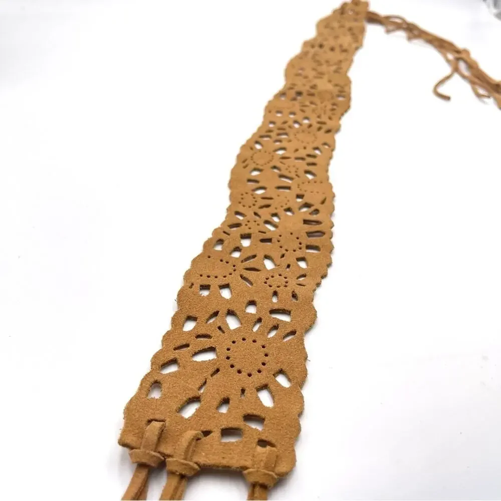 BOHO women's suede leather laser cut fringe hippie festival belt